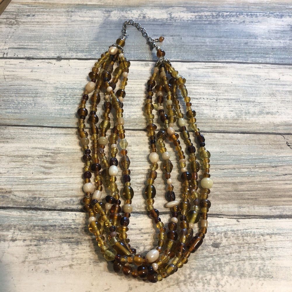 Acrylic Beads Necklace Multi-strand Brown Amber Color 18"